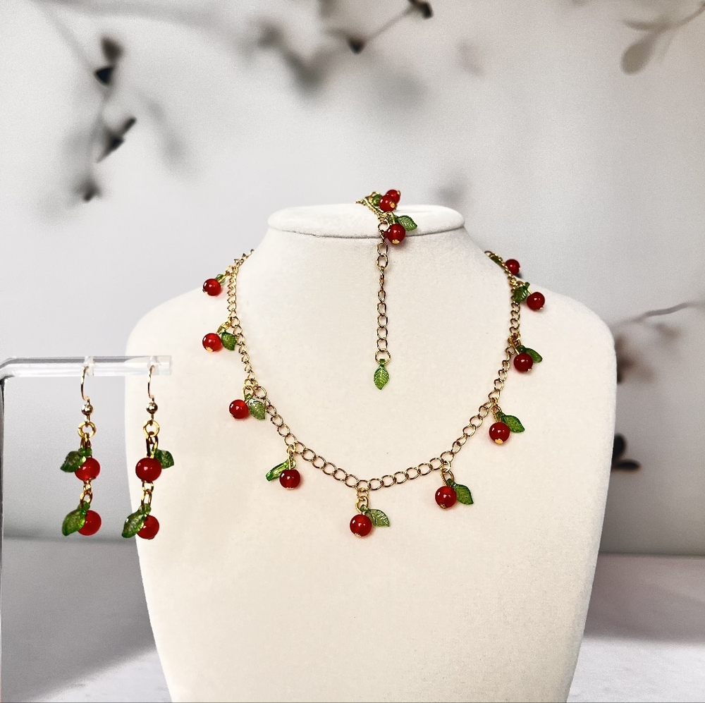 Very Cranberry Fruity 3pc Jewelry Set in Gold - Necklace, Bracelet, Earrings